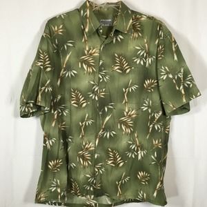 Windham Pointe Shirt Mens Sz L‎ Green Tropical Floral Cotton Hawaiian Button Up